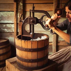 Woman hand cranking ice cream in an original small wooden bucket...