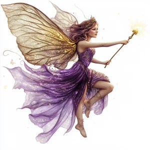 A fairy flying with a golden wand in her hand. Her clothing is s...