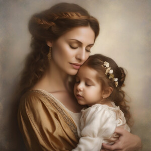 A tender moment captured as a mother embraces her daughter with...