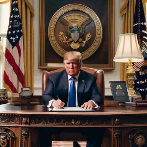 Donald trump wearing a confederate uniform, sitting behind a des...