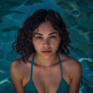 Photo of fair skinned young Latina woman with brunette hair, pet...