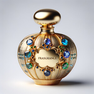 Create a 3-D realistic gold and blue, colorful jewels perfume b...