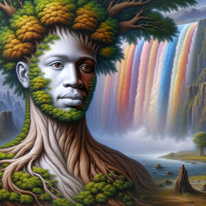 Create a hyper-realistic 3-D oil painting of a tree integrated w...
