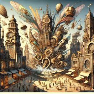 Design a vibrant city where fairies and steampunk technology coe...