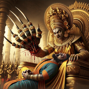 portrait of angry looking goddess durga sitting on a gold crown and carrying a weak mahishasur on her lap and stabbing him with her amazingly long fingernails. She is wearing gold armor, a huge gold crown, gold saree, abundant  gold jewelry, covered in blood. The scene is set in ancient India. The image is 8K resolution, photography, cinematic, ultra detailed face and epic