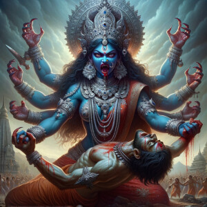 photograph of angry looking, gorgeous goddess kali, blue skinned carrying a weak mahishasur in her two arms and poking him with her amazingly long red fingernails. She is wearing a huge silver crown, red saree, abundant silver jewelry, covered in blood. The scene is set in ancient India. The image is 8K resolution, cinematic, ultra detailed face and epic.