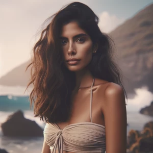 A digital artwork of a woman resembling Maite Perroni at a beach...