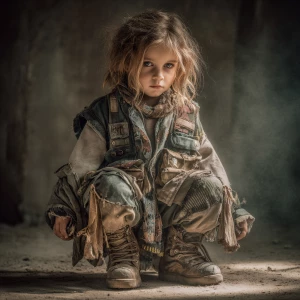 Post-apocalyptic fashion style for a 3-year-old child, wearing l...
