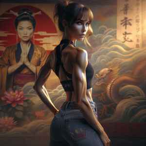 Athletic Thin skinny Attractive, Asian teenage girl, long brown hair and bangs, wearing tight skinny jeans and a halter top paint marks on her clothing, heroic pose Asian graffiti background, backside view