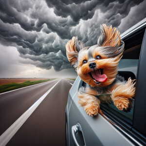 funny photograph. linear perspective. Yorkie with head out of sp...