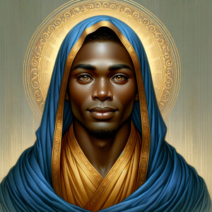 Create a beautiful African-American Jesus Christ with Hazel, brown eyes and blue and gold robe