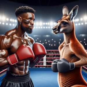 Create a cartoon image of mike tyson vs a kangaroo both with bo...