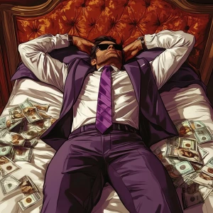 Create an image of a character lying on a luxurious bed in a lav...