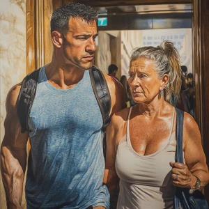HyperRealism.A man( muscular beefy criminal) walking with a woma...