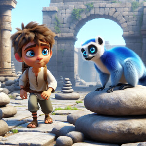 A boy exploring the ruins of an ancient city met a lemur with bl...