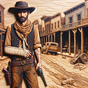 An old west cowboy standing in the middle of the road, six shoot...