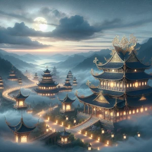 A grand Eastern palace shrouded in swirling mist, its curved rooftops and ornate golden details glowing faintly in the moonlight. Lanterns line the walkways, and distant mountains fade into the soft, ethereal sky