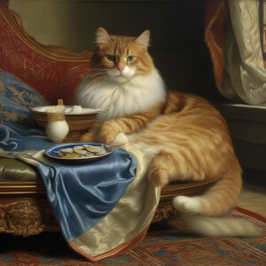Renaissance cat, lounging on chaise lounge eating sardines sauce...