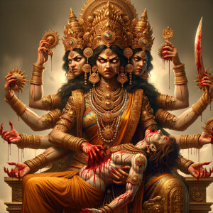 portrait of angry looking, four-armed indian goddess  sitting on a gold crown and carrying a weak mahishasur on her lap and poking his abdomen with her amazingly long red fingernails . She is wearing gold armor, a huge gold crown, gold saree, abundant  gold jewelry, covered in blood. The scene is set in ancient India. The image is 8K resolution, cinematic, photography, ultra detailed face and epic.