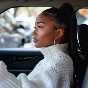 A cute Blasian woman driving 

Brown Ponytail

Off guard & Serio...