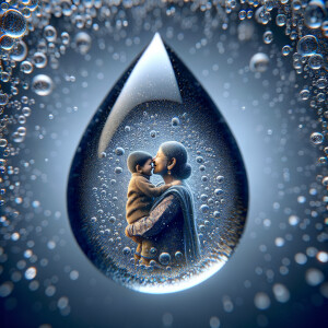 A drop of water, magnified to show intricate details, contains a photorealistic image of a mother kissing her son on the forehead. The image is an intricate moment . The image within the drop of water is a tender and heartwarming moment, frozen in time.