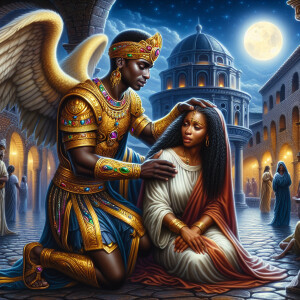 Create an oil painting image featuring a male angel and a grievi...