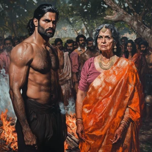 Realism art style,a muscular, sweaty man with a black ponytail s...