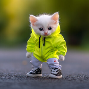 A one week old white kitten wearing a neon green jacket, wearing...