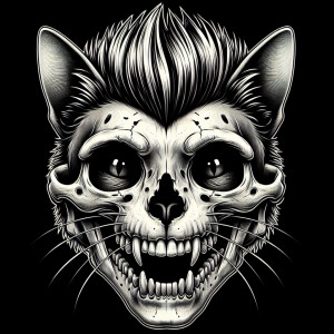 A drawing of a cat face as a skeleton smiling with a Mohawk