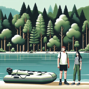 A guy and a girl are standing near Lake Yu. There is an inflatab...