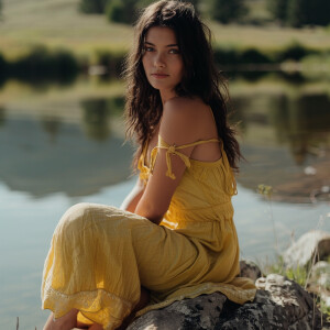 Capture the elegance of a fair-skinned woman with dark long hair...