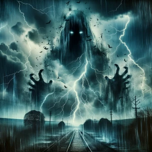 Double exposure horror thunderstorm heavy rain drops entity