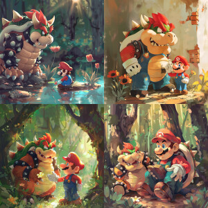 Bowser and Mario taking a selfie, still from a studio ghibli ani...
