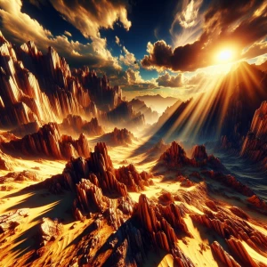 A rocky desert landscape at midday, with the sunlight casting de...