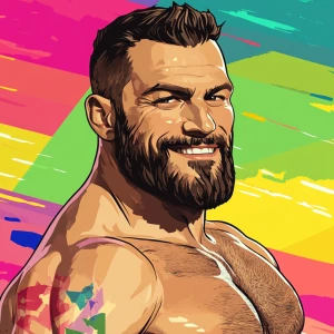 White muscular thin man with beard, big chin, smile and cheekbon...
