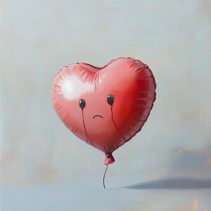 Create an image of a heart-shaped balloon with a sorrowful facia...