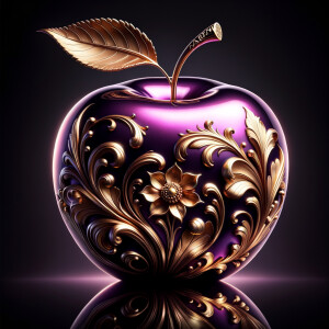 Envision a lustrous, oversized apple with a surface that gleams in a radiant shade of purple, as if lacquered to a high shine, reflecting light from its smooth, curvaceous form. The apple is adorned with elegant gold leaf patterns that swirl luxuriously around its contour, bringing a baroque opulence to its appearance. The stem, a bronzed sculpture in itself, supports a single leaf that seems to glow with an inner luminescence. At the apple’s base, a collection of flowers blooms, their petals softening the scene with organic shapes and colors that harmonize with the vibrant purple and gold. Incorporated into the metallic filigree in an artful script is the name "Karen," as if the apple were personally inscribed, enhancing the custom and bespoke quality of the piece.