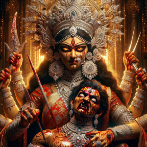 portrait of angry looking goddess durga, sitting on a gold crown and carrying a weak mahishasur on her lap and stabbing him with her amazing red finger nails. She is wearing diamond armor, a huge diamond crown, red saree, abundant diamond jewelry, covered in blood. The scene is set in ancient India. The image is 8K resolution, cinematic, ultra detailed face and epic.