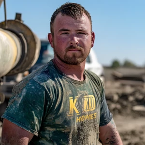 Brian Nobles a real 28 year old Caucasian male who is using  a concrete mixer, he is a  pump operator holding the hose which carries the liquid concrete to the foundation pour, Brian is slowly  beginning his transition into adult maturity , Brian Nobles is beginning to look like a grown man, he has large reflective brown eyes and a wrinkled brow,Brian is now balding , prominent large protruding round fat obese belly,,thick goatee beard, healthy muscle mass ,very noticeable male pattern balding hairline, Brian Nobles now has a  prominent receding and thinning male hairline (onset male pattern baldness), slightly fat overweight(Caucasian)wearing tight body conforming  glossy satin shiny green and gold tight fitting body conforming UnderArmour athletic bodysuit,emblazoned with the "KD HOMES" real estate logo, standing confidently in front of a newly completed constructed new KD HOME in Victorville California in a raw desert landscape. Brian has a protruding fat obese muscular physique, large male bulge, fat obese muscular frame , shows a substantial frame with a noticeable mature hairline and expressive eyes. His workman’s  pose should reflect his experience in his trade.