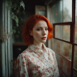 pale skin russian girl in her 30's with red hair, simple, kind a...