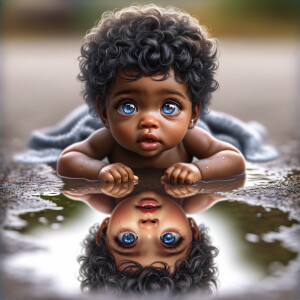 A curious cute african-American, baby with huge blue eyes and cu...