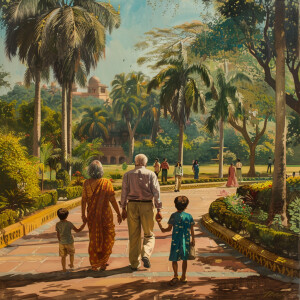 Realistic image of grandparents and kids going for walk in beaut...
