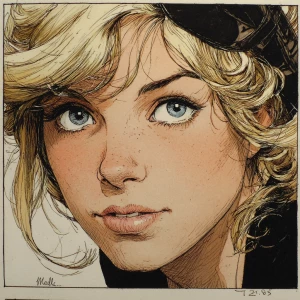 Portrait noir of a blonde woman, by milo manara
