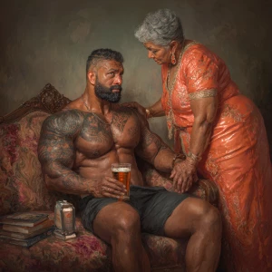 Realism,digital  painting.a muscular beefy sweaty tattoed indian...