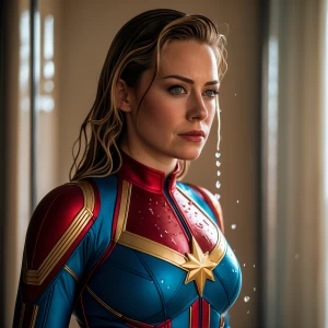 Captain Marvel showering after removing her superhero costume.