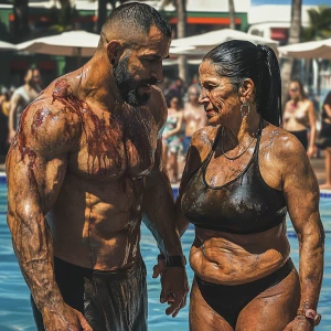PhotoRealism,fantasy,a muscular beefy sweaty man walking with h...