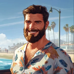 White muscular thin man with beard, big chin, smile and cheekbon...