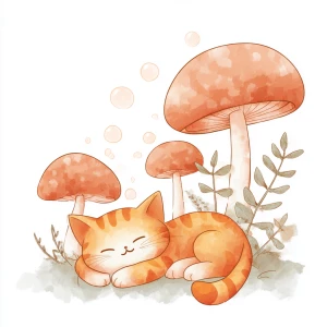 Orange cat stretching lazily under mushroom, kawaii style, paste...