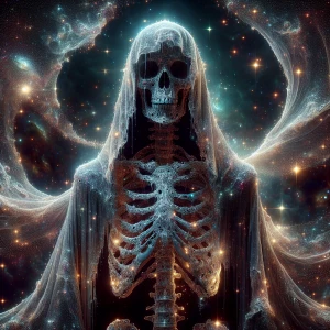celestial skeleton wearing a hooded robe, ultra-detailed, ultra-...