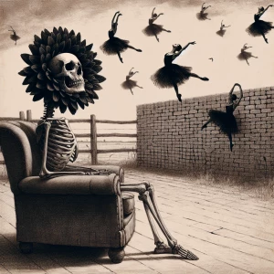 A skeleton with a large black dahlia for a head is sitting on an...